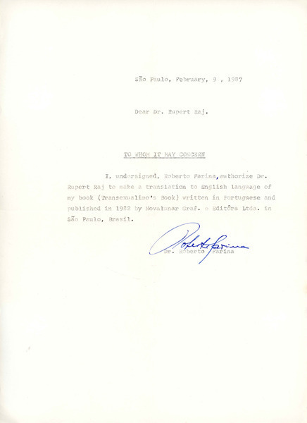 Download the full-sized image of Letter from Dr. Roberto Farina to Rupert Raj (February 9, 1987)