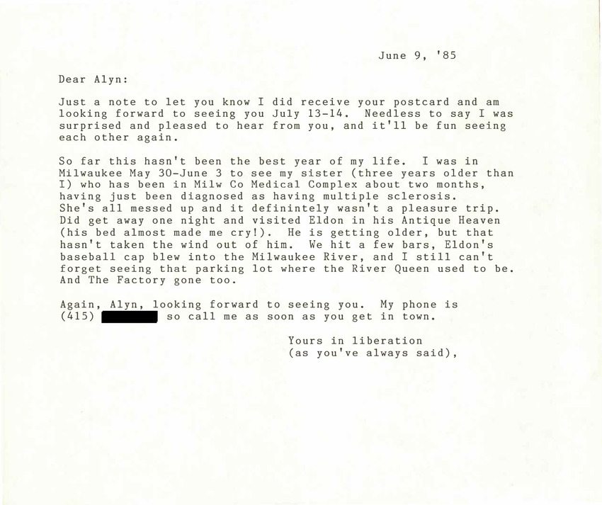 Download the full-sized PDF of Correspondence from Lou Sullivan to Alyn Hess (June 9, 1985)