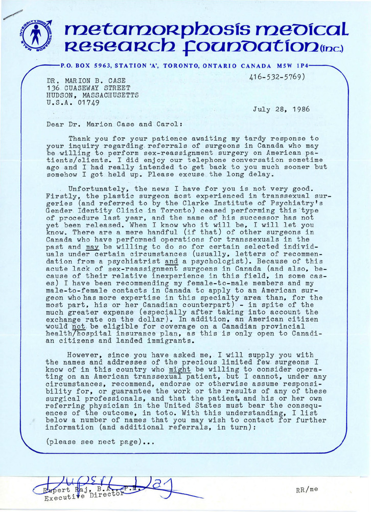 Download the full-sized PDF of Letter from Rupert Raj to Marion B. Case (July 28, 1986)