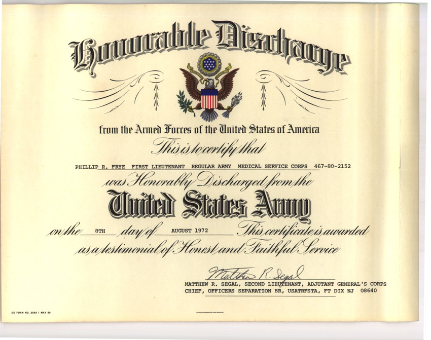 Download the full-sized PDF of Phyllis Frye's Honorable Discharge Certificate from the United States Army