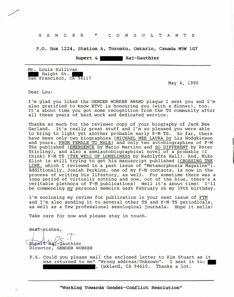 Download the full-sized PDF of Correspondence from Rupert Raj to Lou Sullivan (May 4, 1990)