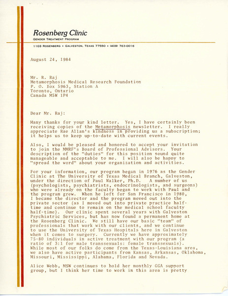 Download the full-sized image of Letter from Dr. Collier M. Cole to Rupert Raj (August 24, 1984)