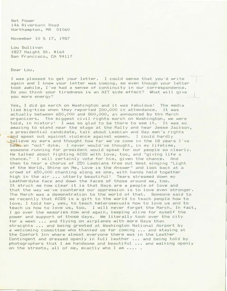 Download the full-sized PDF of Letter from Bet Power to Lou Sullivan (November 10 & 17, 1987)
