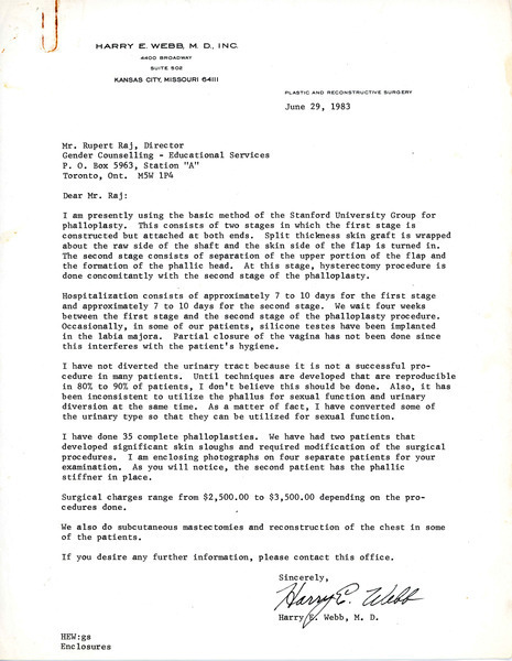 Download the full-sized image of Letter from Dr. Harry E. Webb to Rupert Raj (June 29, 1983)