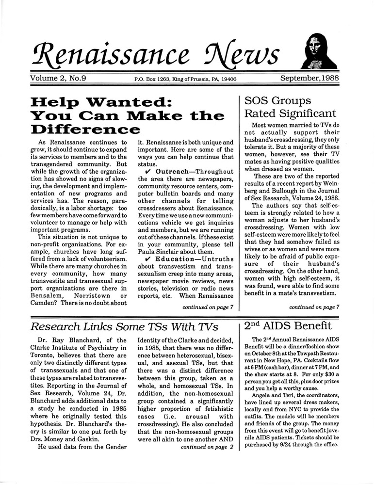 Download the full-sized PDF of Renaissance News, Vol. 2 No. 9 (September 1988)