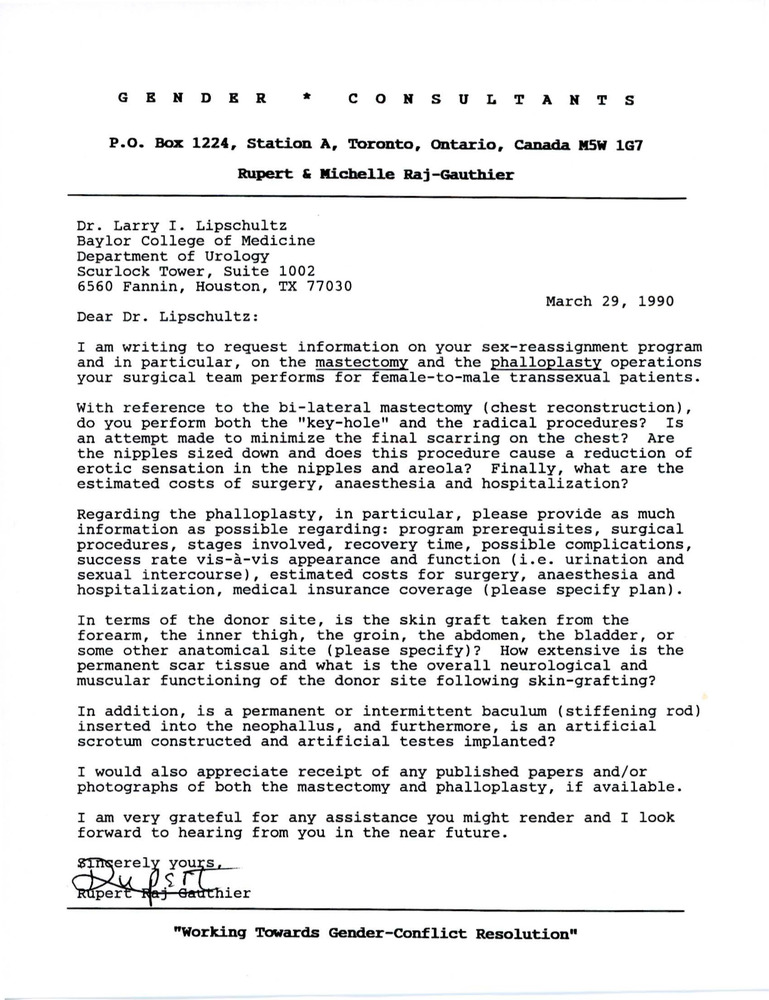 Download the full-sized PDF of Letter from Rupert Raj to Dr. Larry Lipschultz (March 29, 1990)