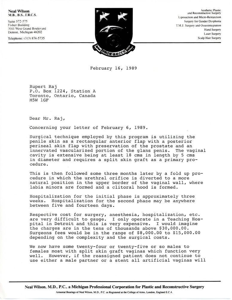 Download the full-sized PDF of Letter to Rupert Raj from Neal Wilson (February 16, 1989)