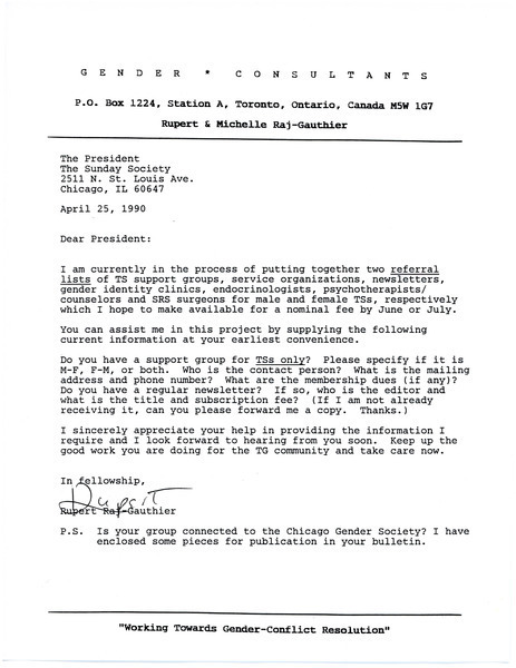 Download the full-sized image of Letter from Rupert Raj to the President of the Sunday Society (April 25, 1990)