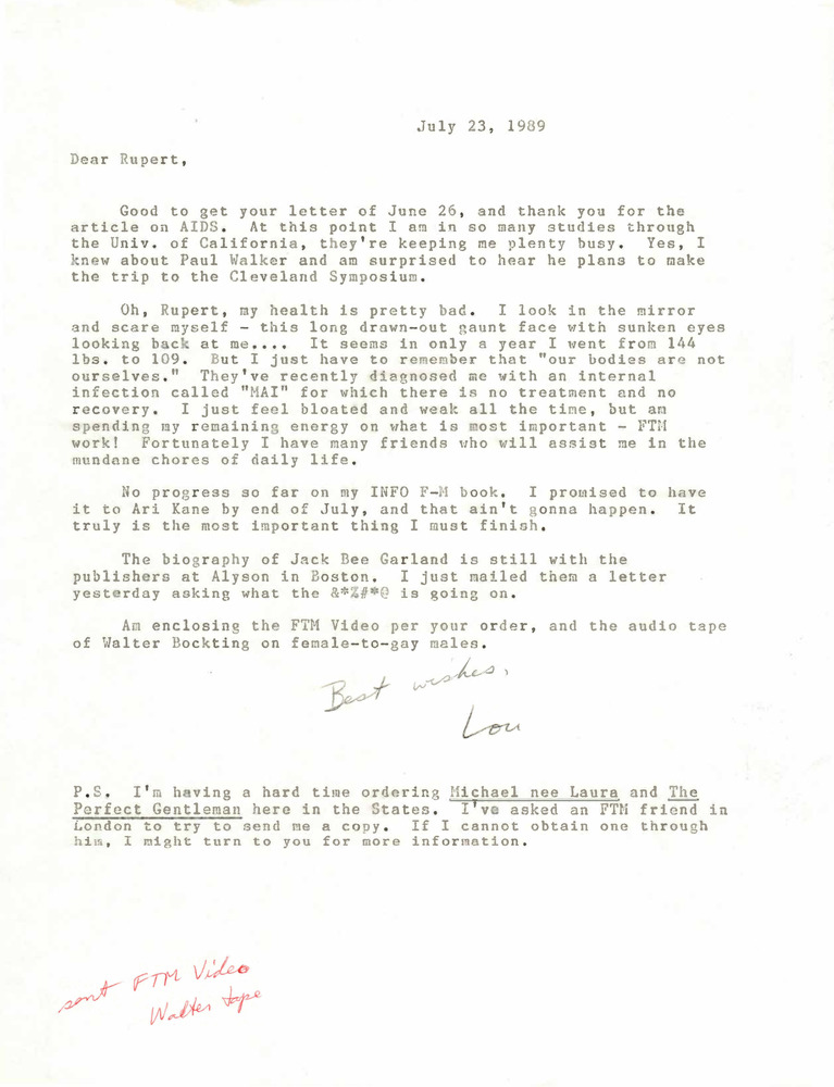 Download the full-sized PDF of Correspondence from Lou Sullivan to Rupert Raj (July 23, 1989)