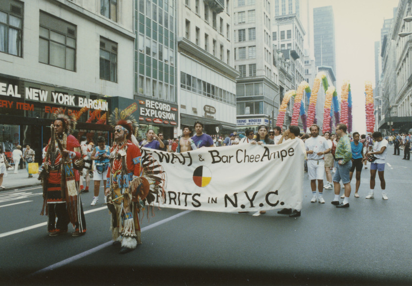 Download the full-sized image of We Wah & Bar Chee Ampe Group Marching with Sign at New York City Pride, 1991