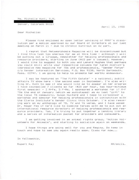 Download the full-sized image of Letter from Rupert Raj to Michelle Hunt (April 25, 1988)