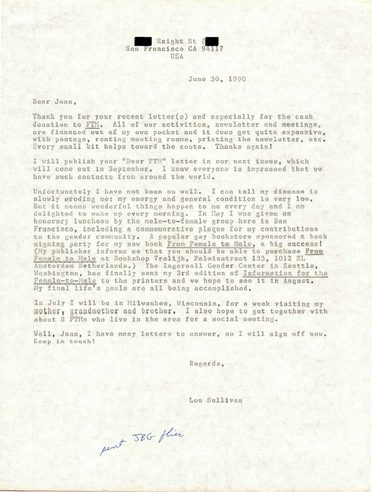 Download the full-sized PDF of Correspondence from Lou Sullivan to Jean Aarle (June 30, 1990)