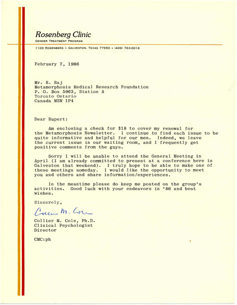 Download the full-sized image of Letter from Collier Cole to Rupert Raj (February 7, 1986)