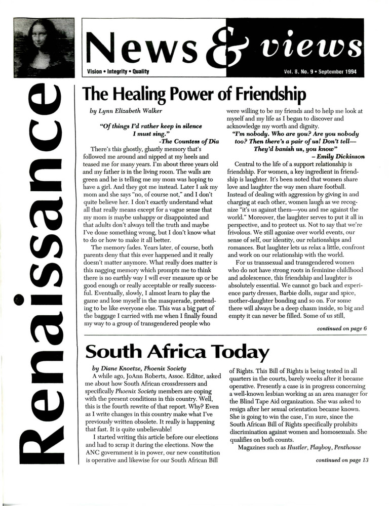 Download the full-sized PDF of Renaissance News & Views, Vol. 8 No. 9 (September 1994) 