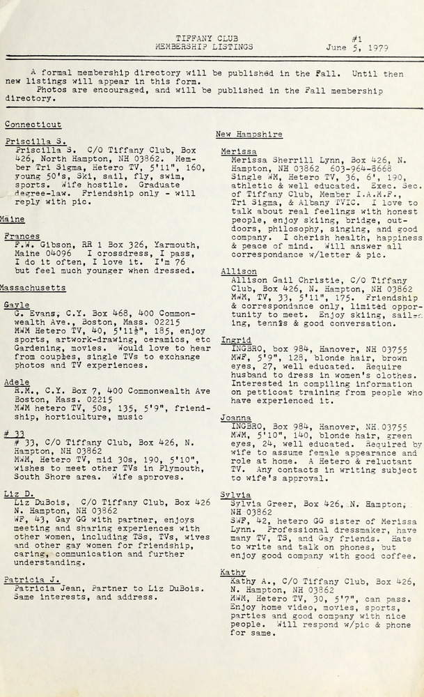 Download the full-sized image of Tiffany Club Membership Listings #1 (June 5, 1979)