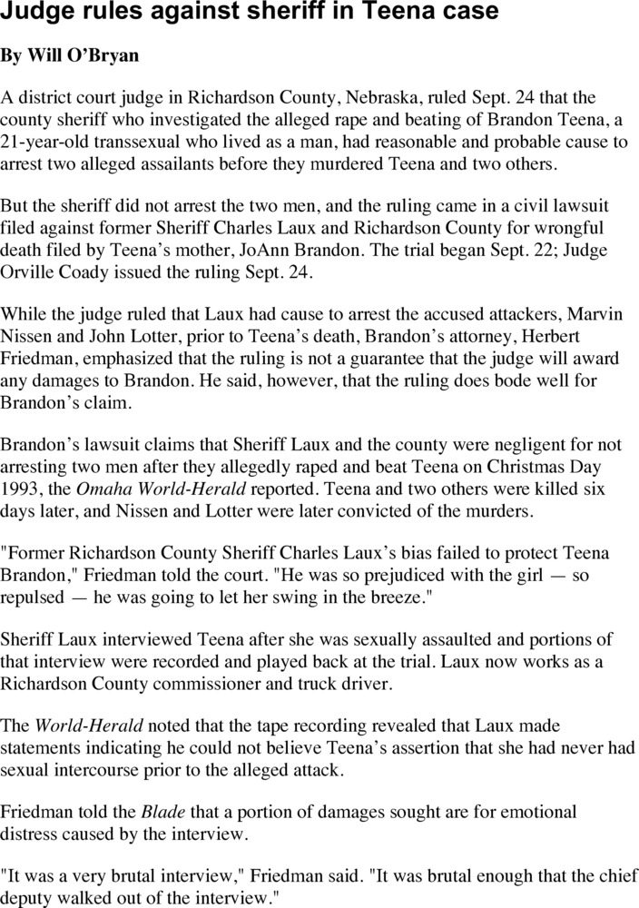 Download the full-sized PDF of Judge rules against sheriff in Teena case