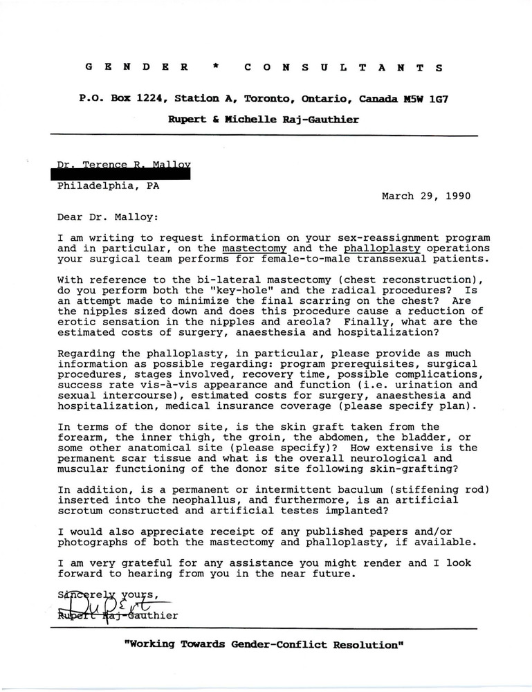 Download the full-sized PDF of Letter from Rupert Raj to Dr. Terrence R. Malloy (March 29, 1990)
