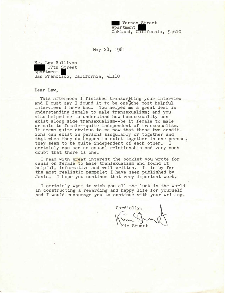 Download the full-sized PDF of Correspondence from Kim Stuart to Lou Sullivan (May 28, 1981)